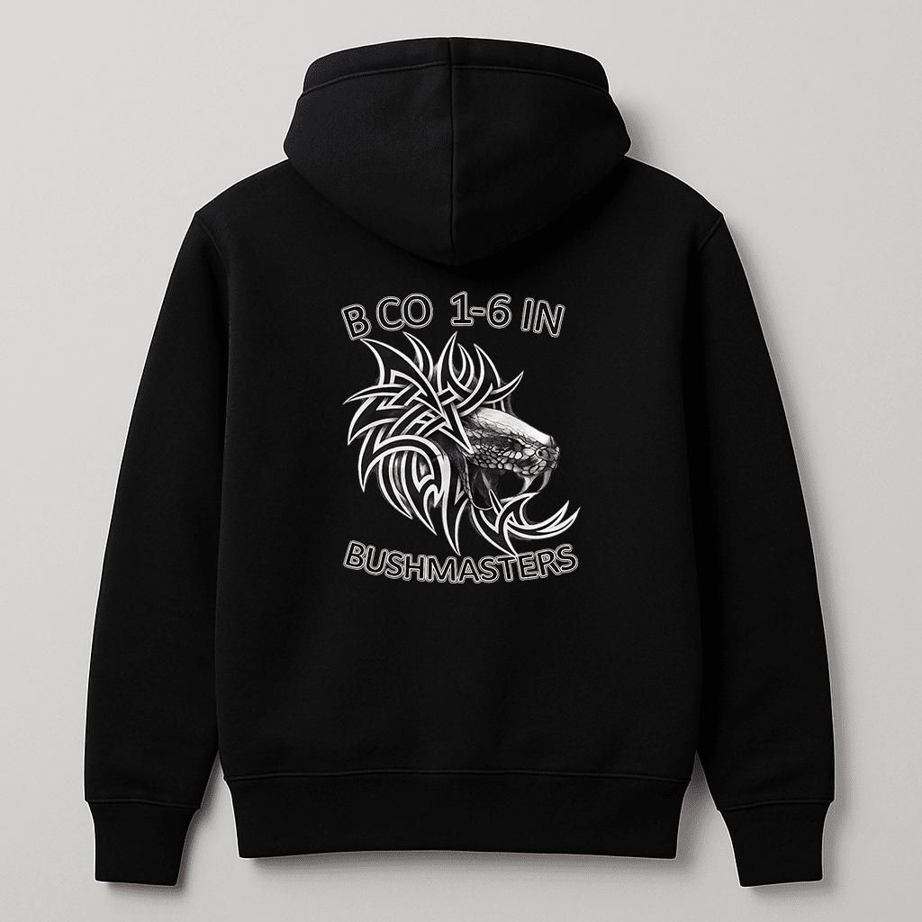 B CO 1 - 6 IN Bushmasters Hoodie – Tactical Black Pullover | Game Day Football Apparel | LNS Laser Engraver Designer LLC