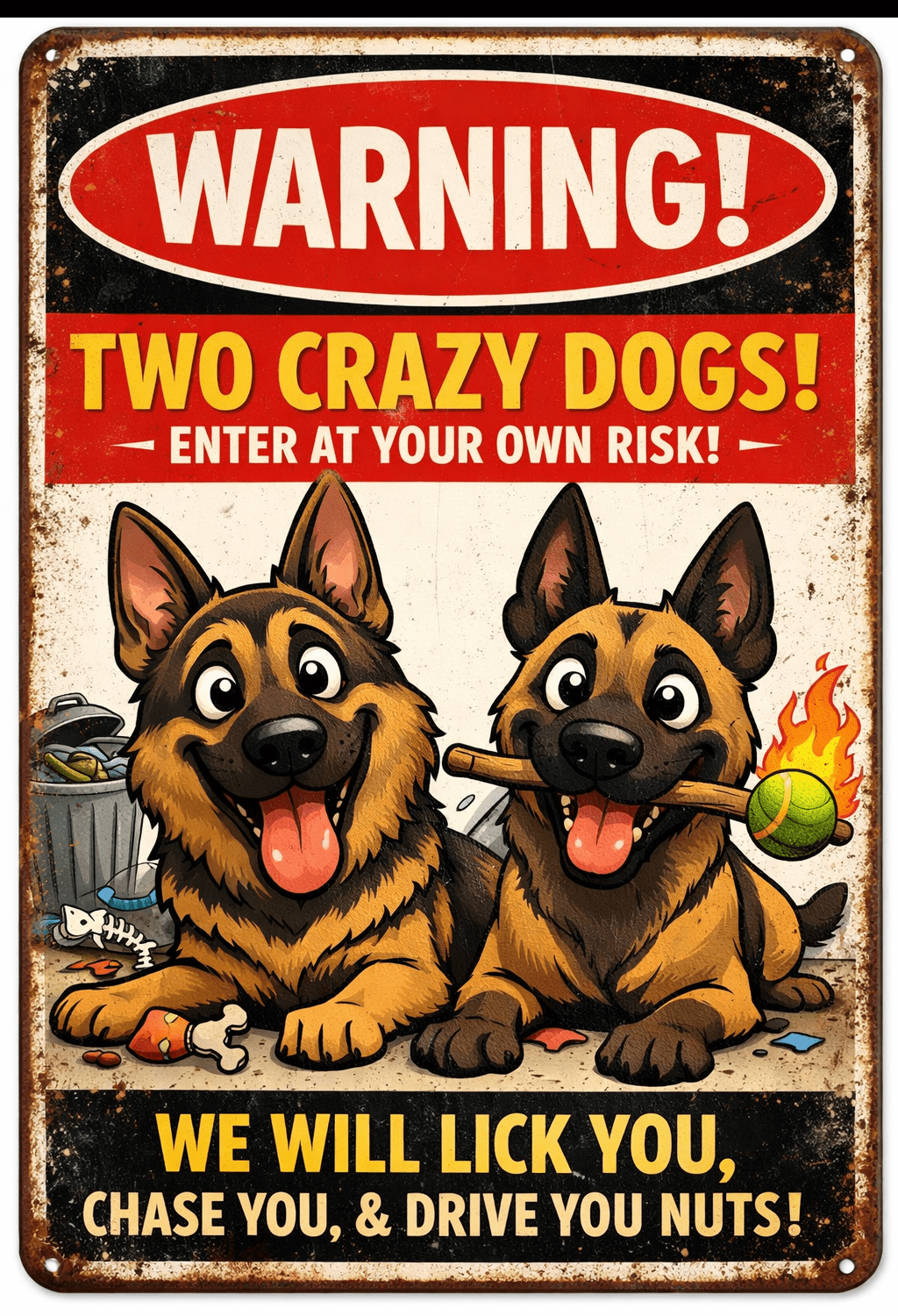 Funny Dog Warning Metal Sign – German Shepherd & Malinois | Game Day Football Apparel | LNS Laser Engraver Designer LLC
