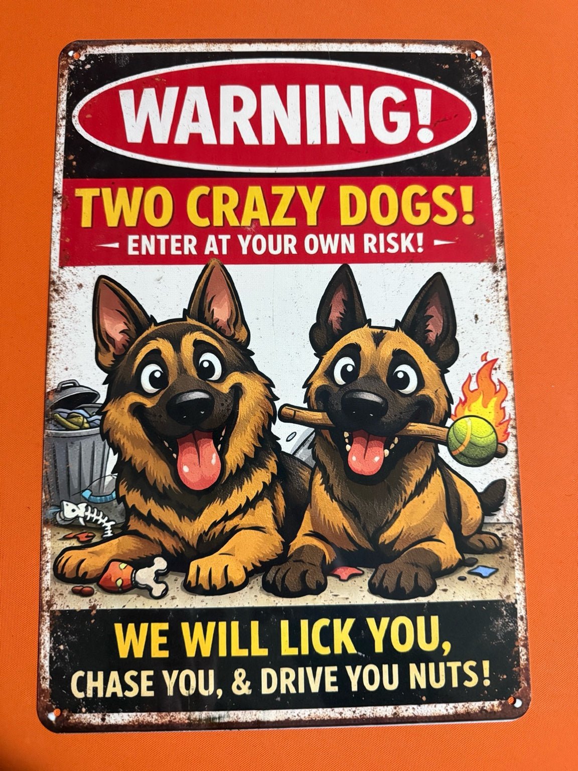 Funny Dog Warning Metal Sign – German Shepherd & Malinois | Game Day Football Apparel | LNS Laser Engraver Designer LLC